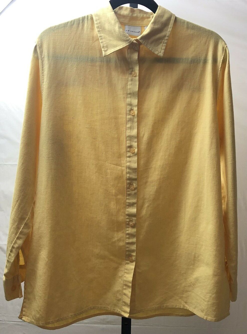 Kim Rogers Button Up Shirt Women M Mustard Linen Blend Roll Tab Sleeve Basic